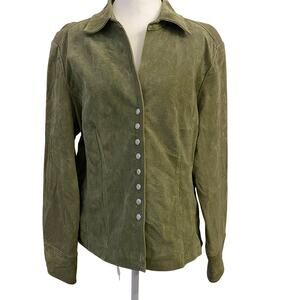 Vintage Live a Little Womens Suede Jacket L 90s Grunge Collared Snap Olive Green